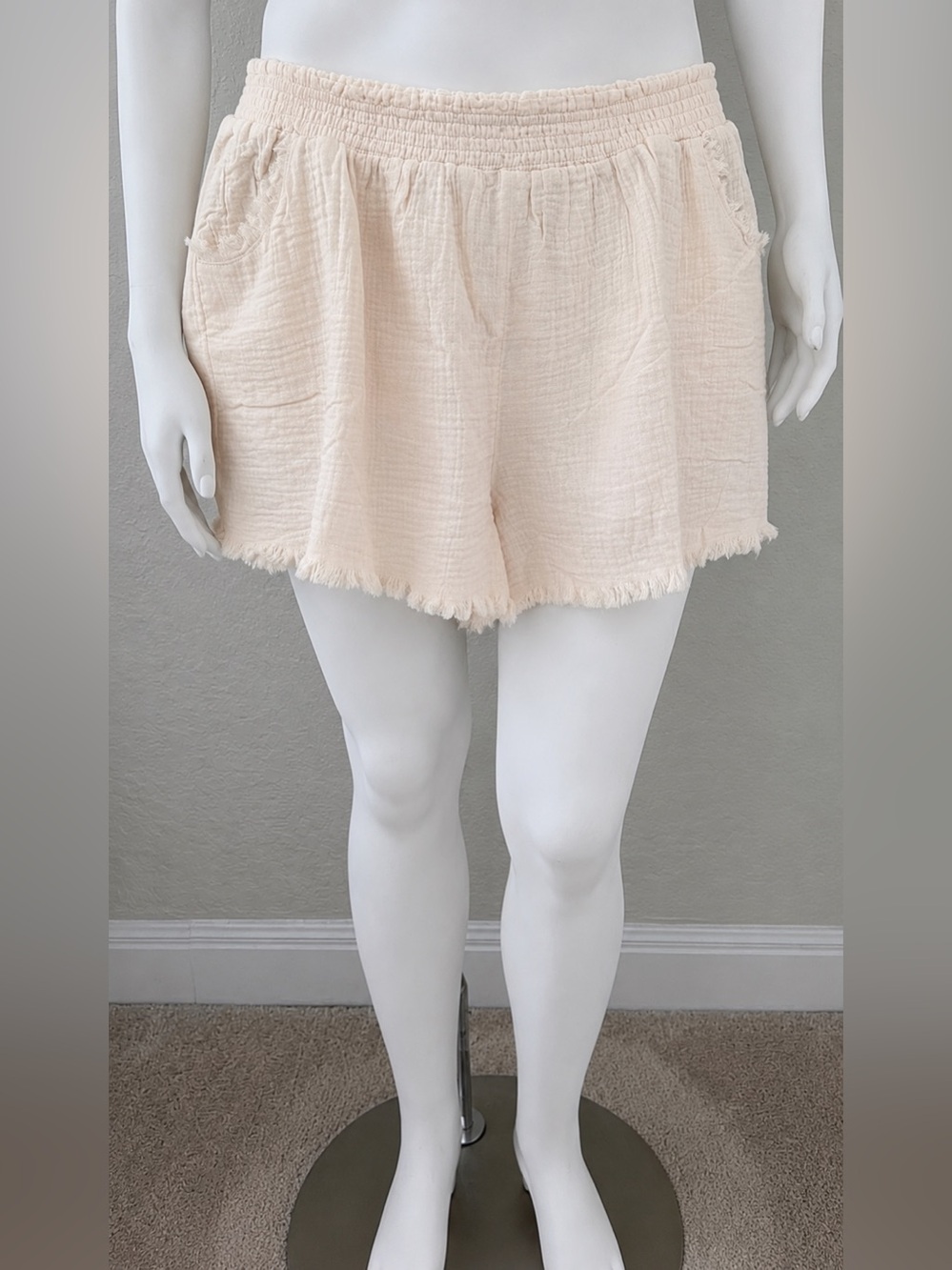 Umgee Boho Fringe Trim Shorts w/ Pockets Solid Cream Color |Womans Plus Sz 2x